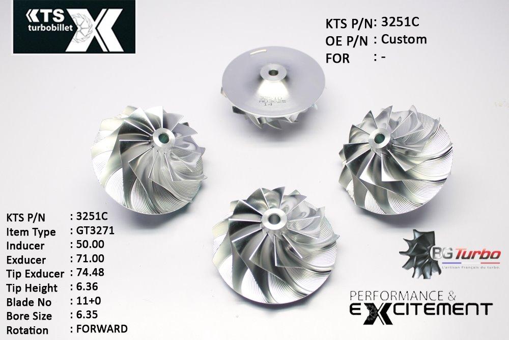 Turbo ROUE FORGÉE MFS PERFORMANCE - 11+0 PALES - INDUCER : 50 - EXDUCER : 71 - TYPE : GT3271ANGLE : 60° - ROTATION : Forward - SUPER BACK : 5,78 - BORE SIZE : 6,35
